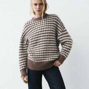 ZARA Wool Oversized Striped Sweater Brown Cream M